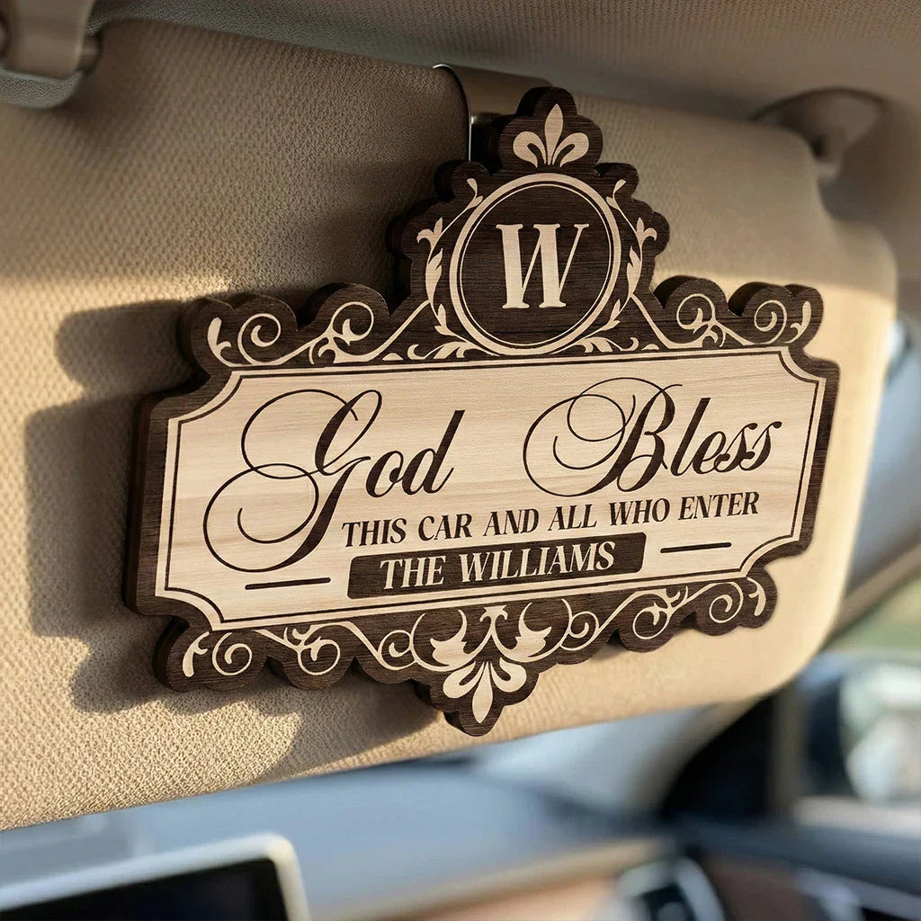 Personalized Wooden Car Visor Clip God Bless This Car Sign, Elegant Script Car Decor, Unique Gift for Family