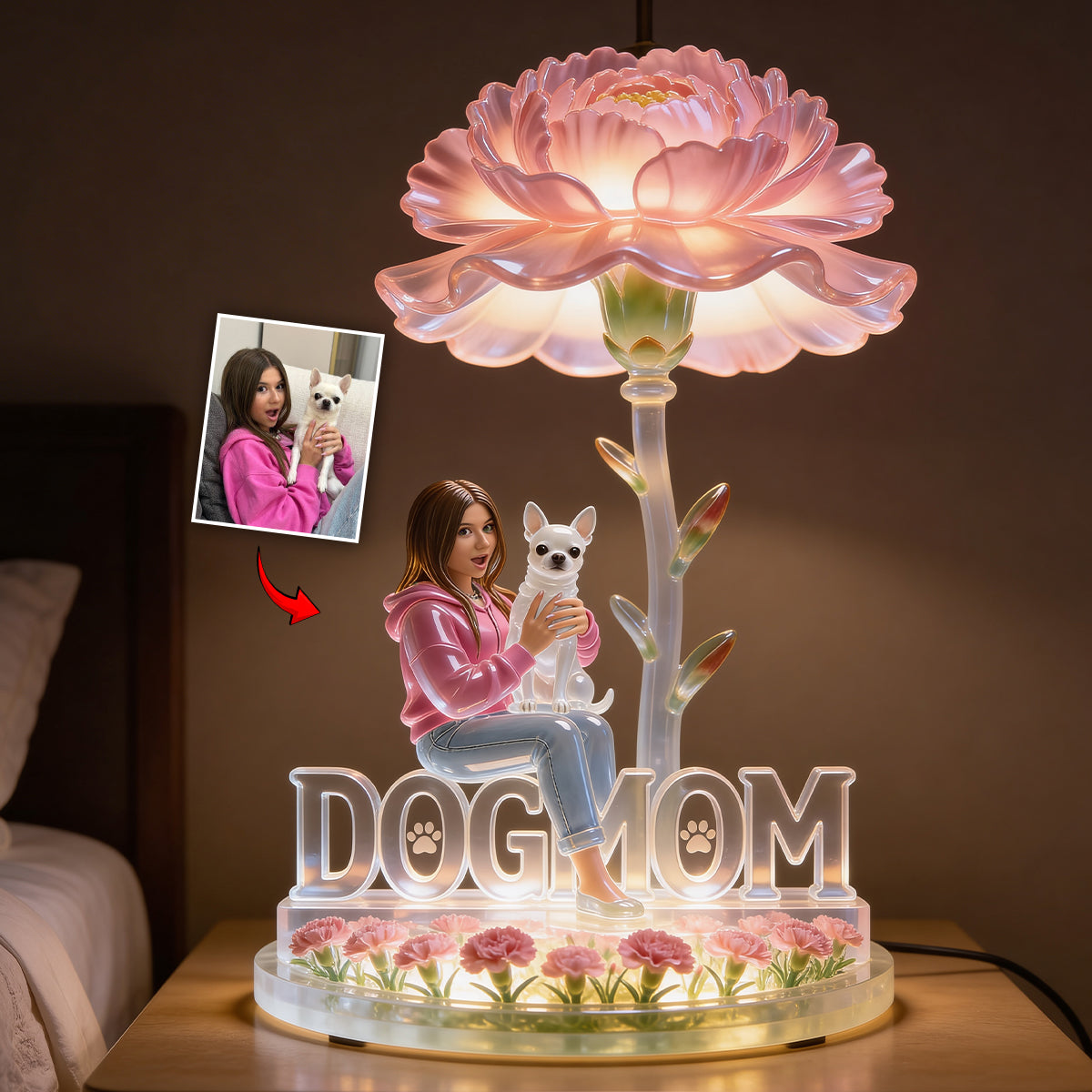 Dog Mom And Flower - Personalized Dog Acrylic LED Night Light
