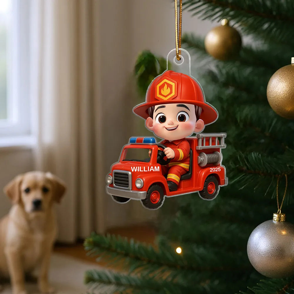 Personalized Firefighter Kid Acrylic Ornament – Christmas Gift for Boys
