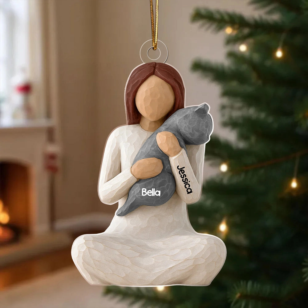 Wooden Ornament - Carved Figure Hugging a Cat, Winter Tree Decor, a unique gift for cat moms & pet owners