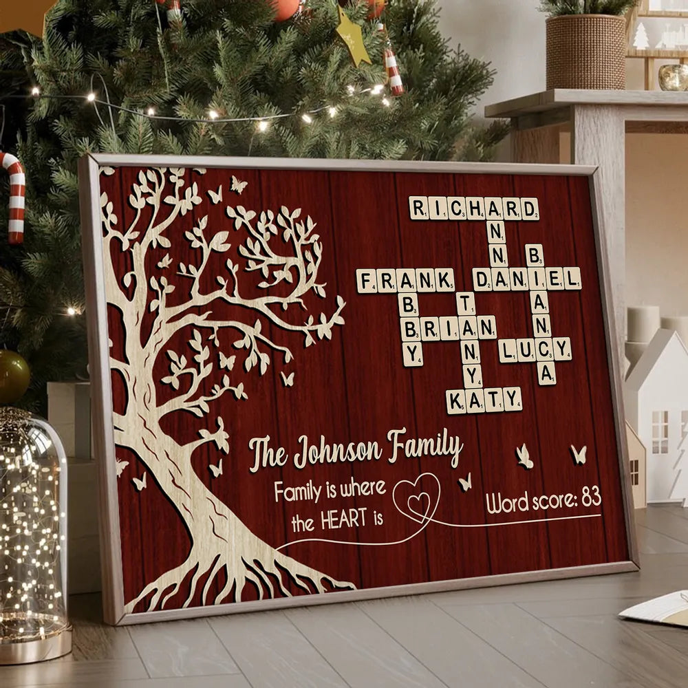 Custom Family Crossword Poster Wall Art – Personalized Names on Tree of Life, Heartwarming Gift for Parents