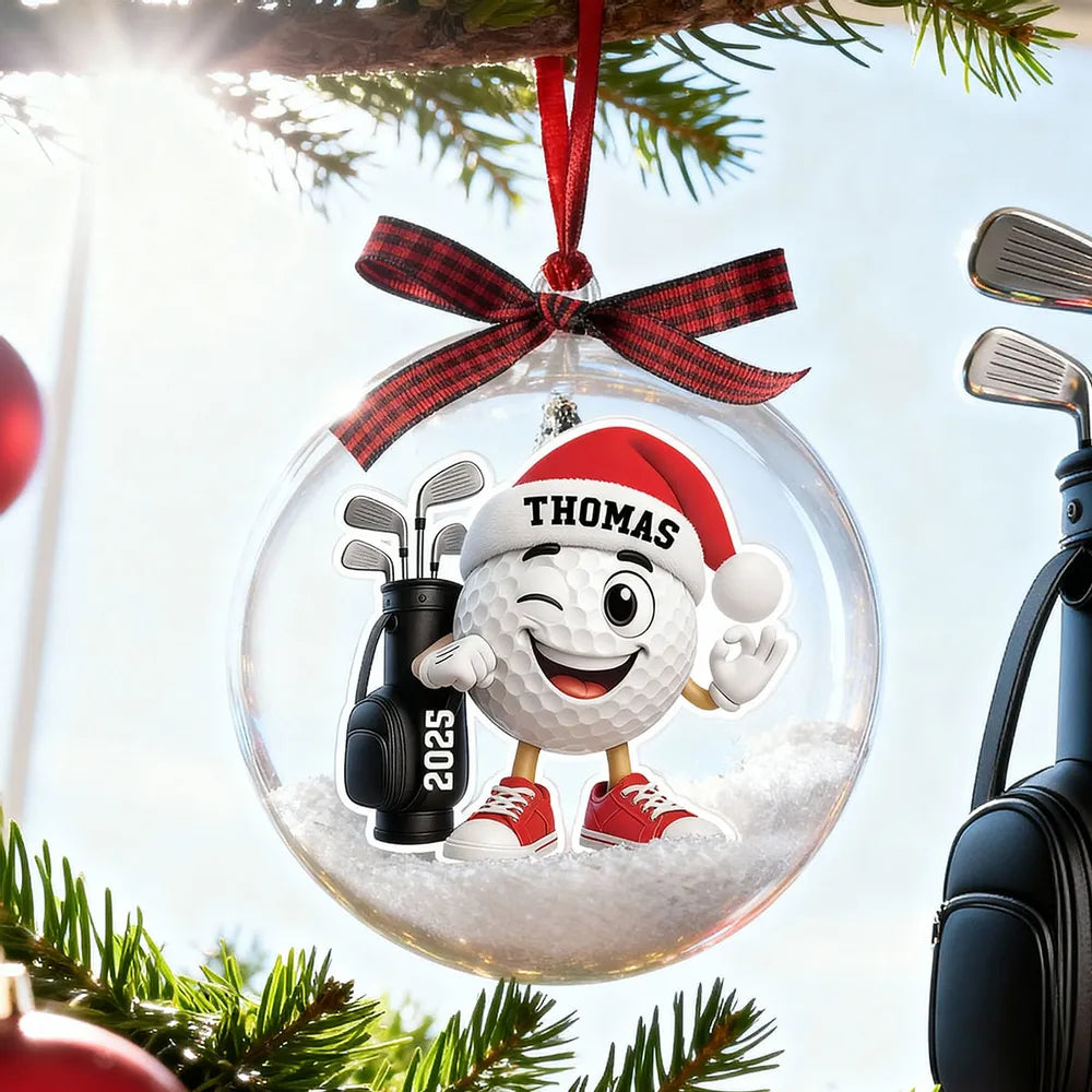 Snow Globe Ornament with Winking Santa Golf Ball, Christmas Tree Decor, playful keepsake, unique gift for golfers and Dad