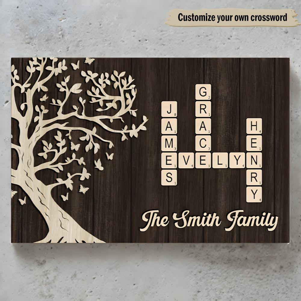 Family Crossword Poster - Custom Tree Wall Art, Warm Wood Look, A Unique Gift for Mom, Dad & Grandparents