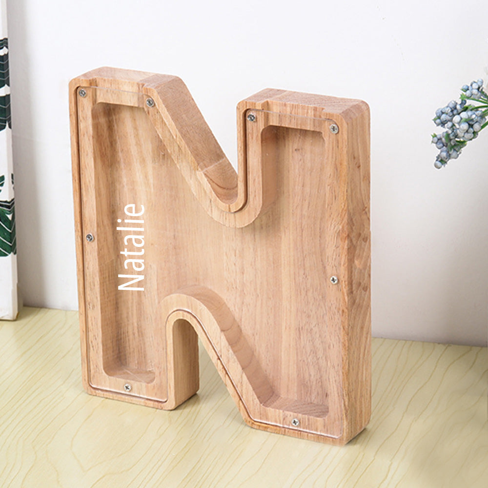 Custom Initial And Name - Personalized Letter And Name Light Wooden Piggy Bank