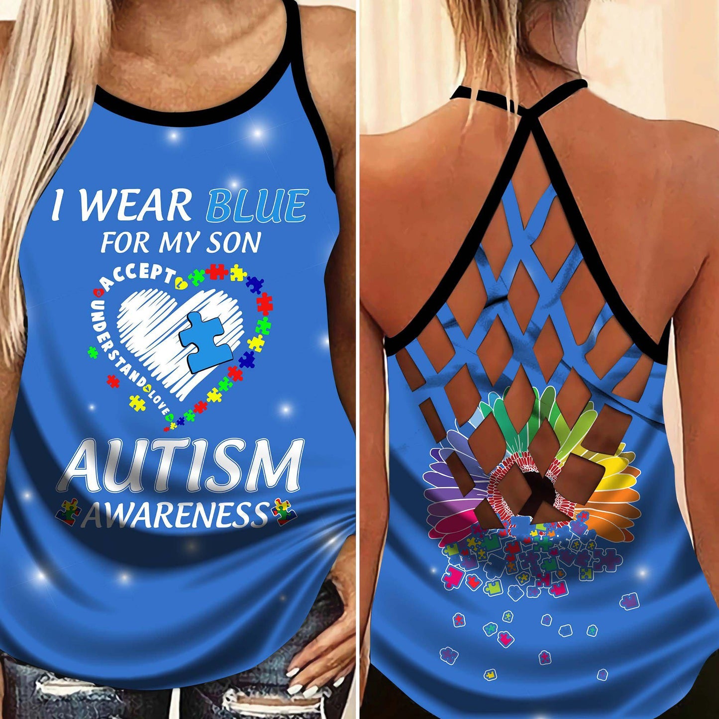 Autism I Wear Blue For Family - Autism Awareness Cross Tank Top 0921