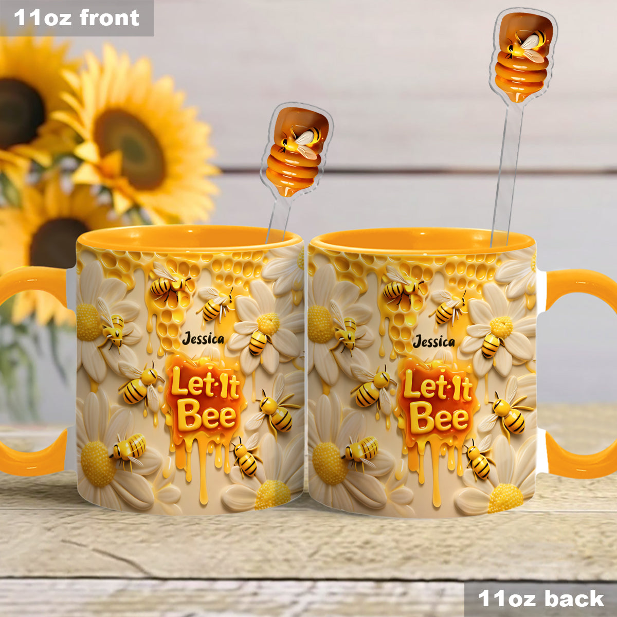 Let It Bee, Bee Flowers - Personalized Bee Set Accent Mug with Acrylic Stirrers