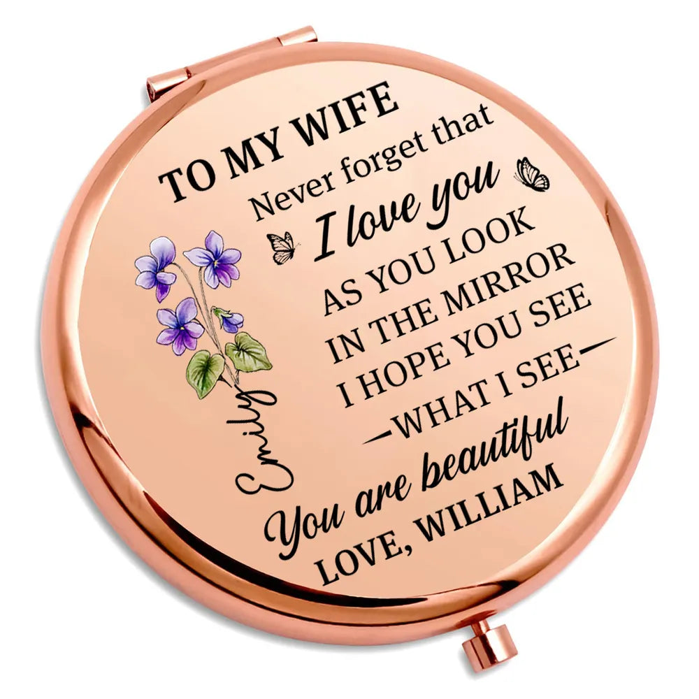 Metal Compact Mirror with Sweet Mirror Message for Wife, Personalized Touch, Purple Floral Design, Thoughtful Gift for Her