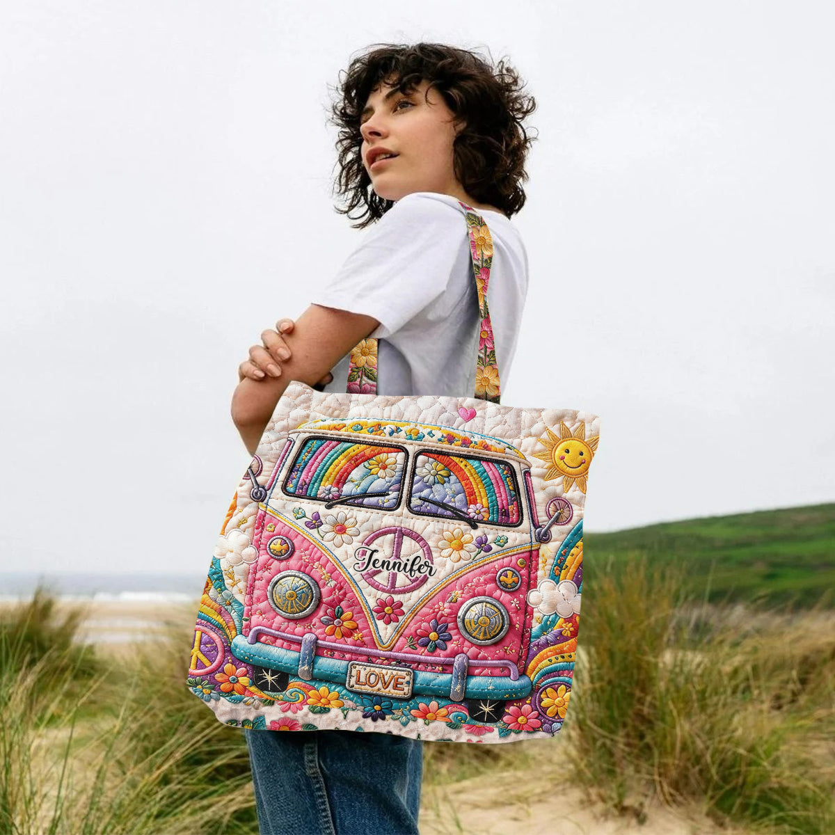 Hippie Soul Set Bag With Charm - Personalized Hippie Quilted Tote Bag With Plush Charm