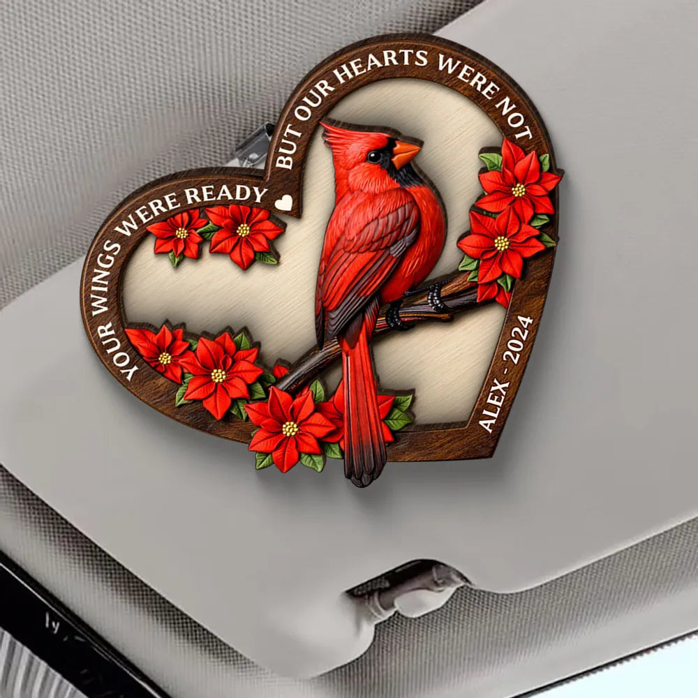 Personalized 2-Layer Wooden Car Visor Clip with Memorial Cardinal in Heart Frame, Unique Sympathy Gift for Loved One