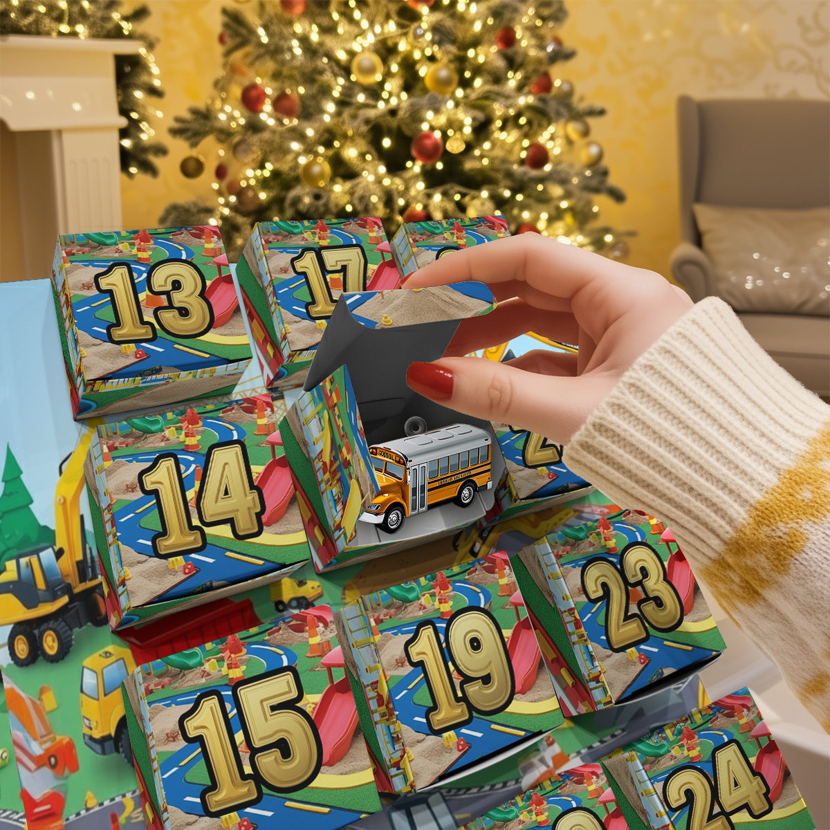 Construction Version - Personalized Kid Folded Advent Calendar With Ornaments