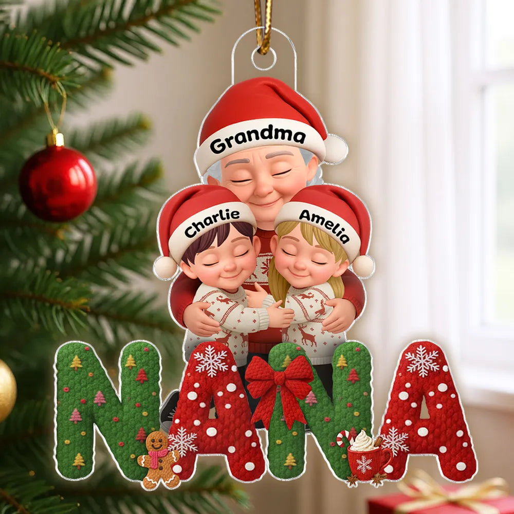 Grandma & Grandkids Acrylic Ornament, Santa Hats Hugging Design, Christmas Tree Decor, a unique gift for Grandma