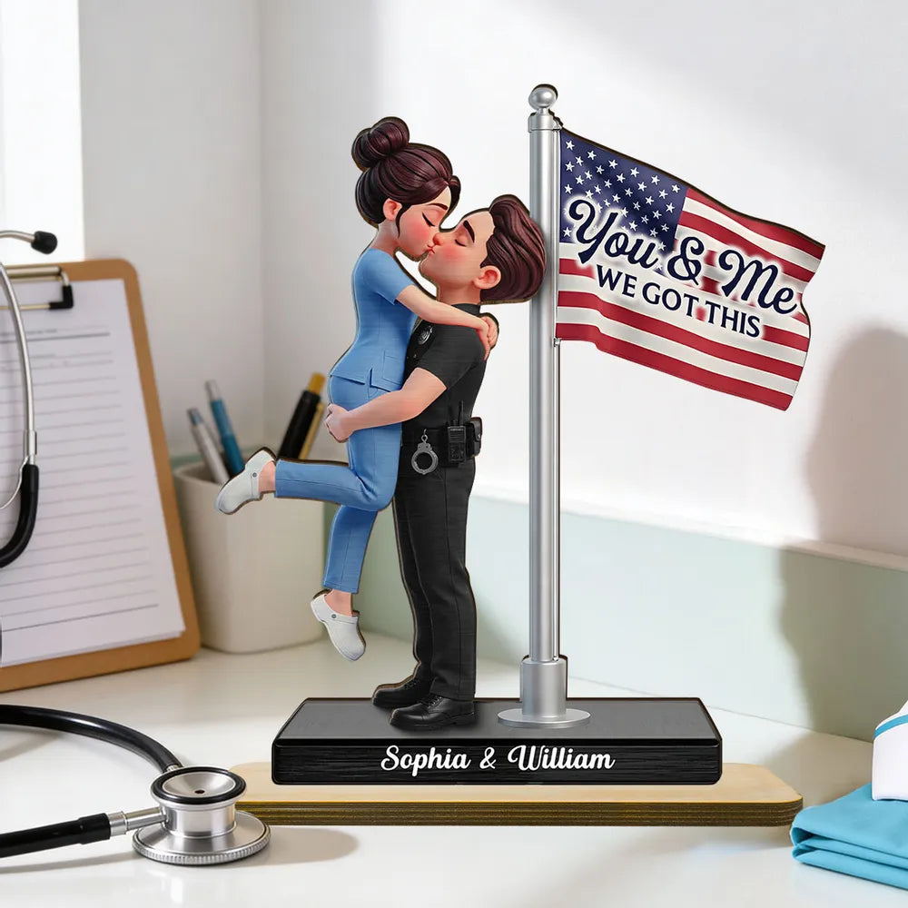 Personalized 2-Layer Wooden Plaque Hero Couple Kissing by US Flag You & Me We Got This Unique Gift for Him or Her
