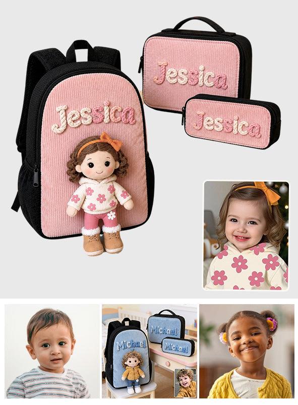 Kid Backpack, Lunch Bag, Pencil Case - Personalized Kid Back-To-School Combo & Plush Brooch