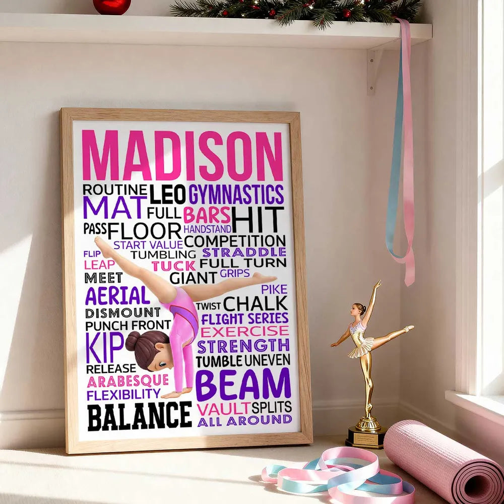 Personalized Gymnast Word Art Poster for a Daughter or Granddaughter, Cartwheel Pose Wall Decor, Unique Gift