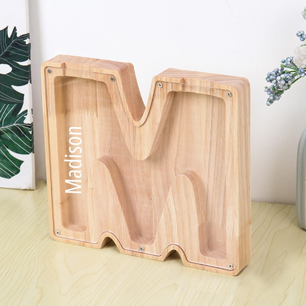 Custom Initial And Name - Personalized Letter And Name Light Wooden Piggy Bank