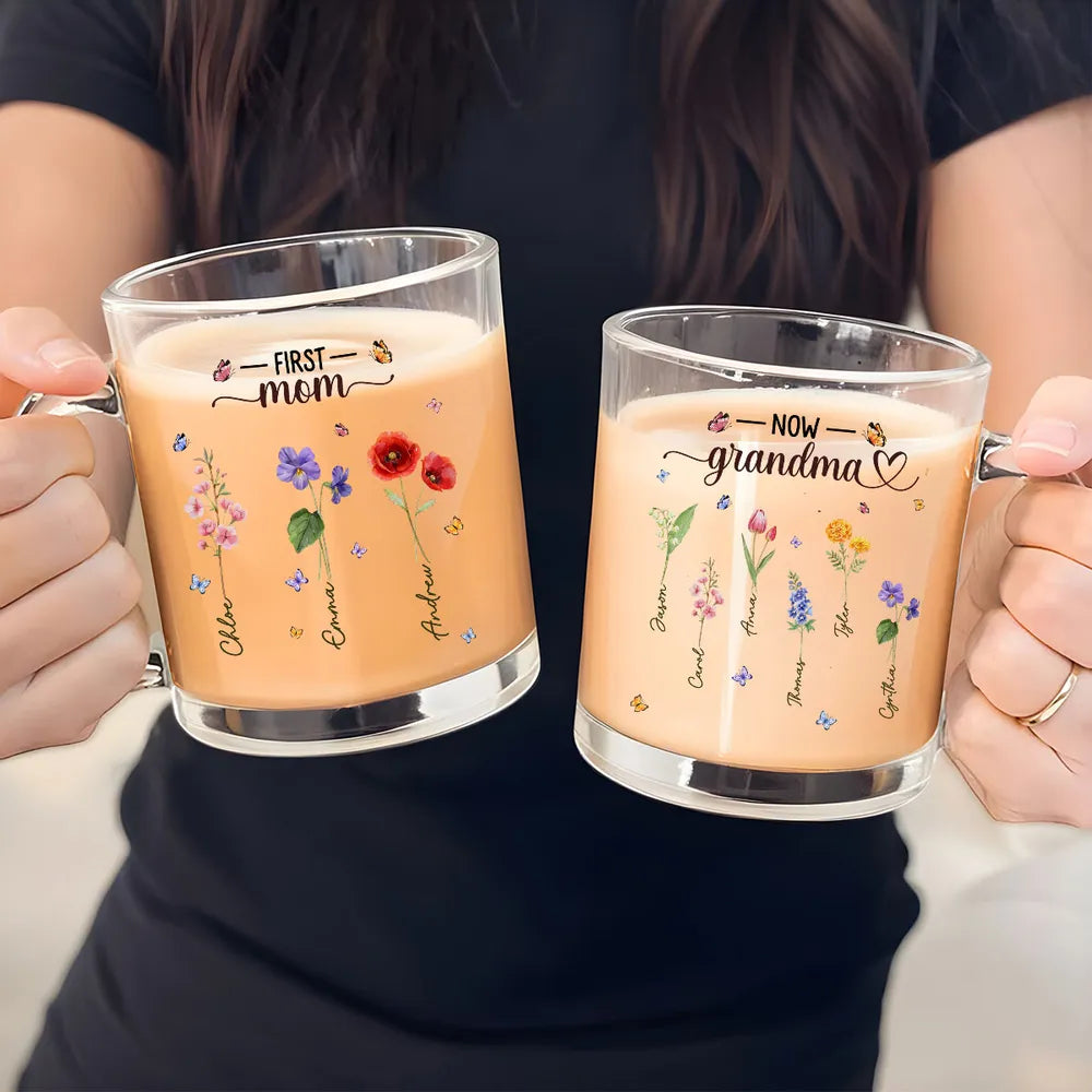 Personalized Glass Mug for Grandma, Custom Birth Flower Style Design, Sweet Daily Coffee Gift