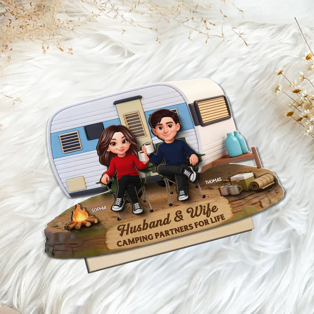 2-Layer Wooden Plaque Personalized for Husband & Wife, Cute Camper Scene Gift That Celebrates Partners for Life