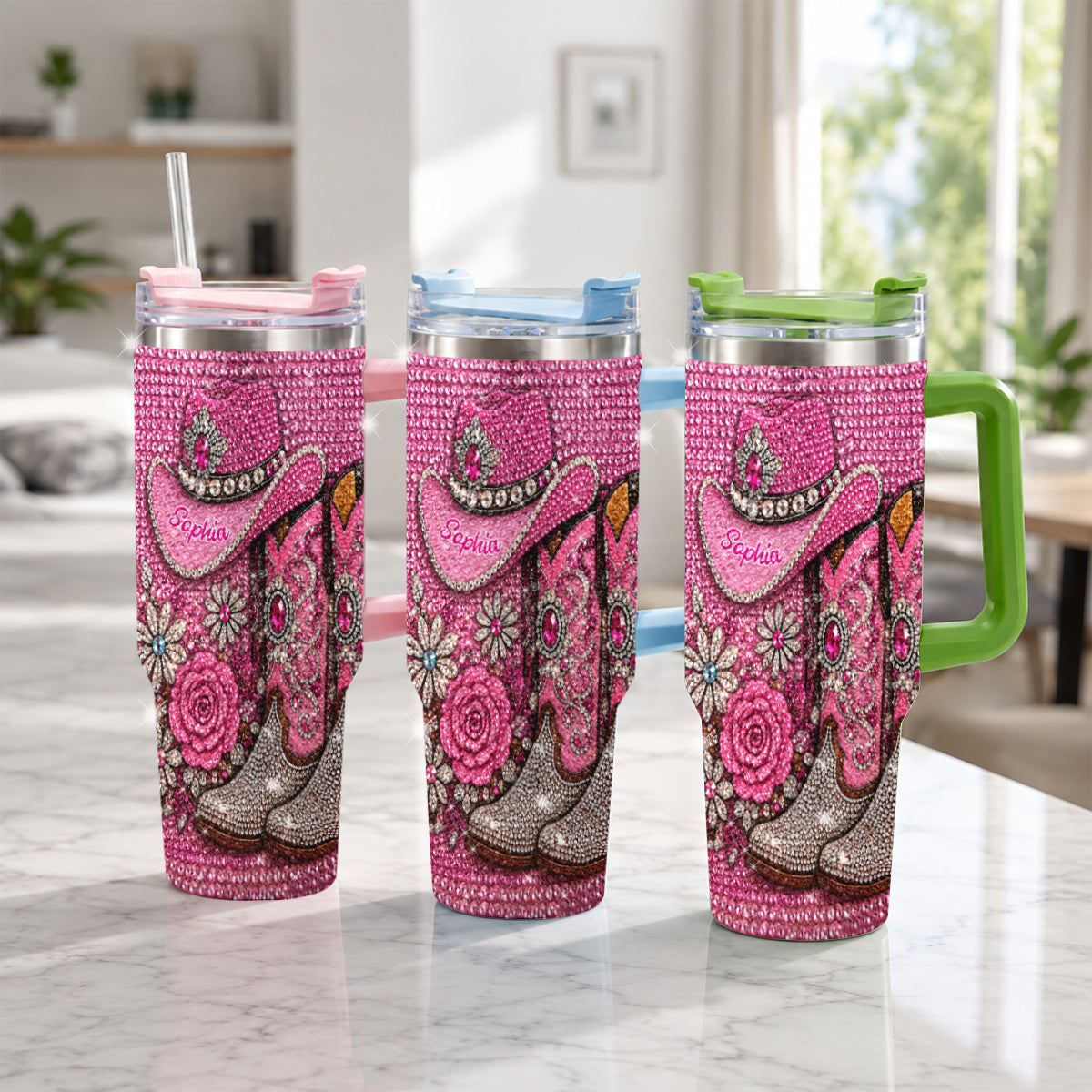 Cowgirl Boots - Personalized Cowgirl Rhinestone Tumbler With Plush Charm