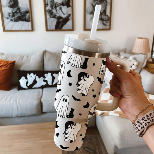 Halloween Cute Ghost Cat Tumbler Halloween Tumbler With Handle 0924