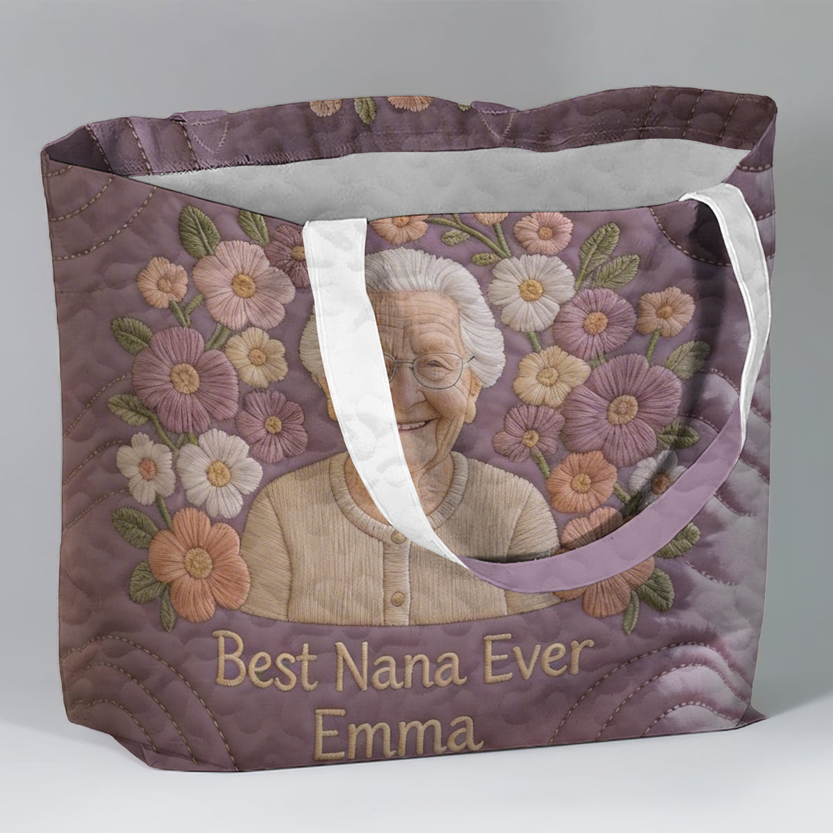 Floral Portrait Quilted Tote - Personalized Grandma Quilted Tote Bag