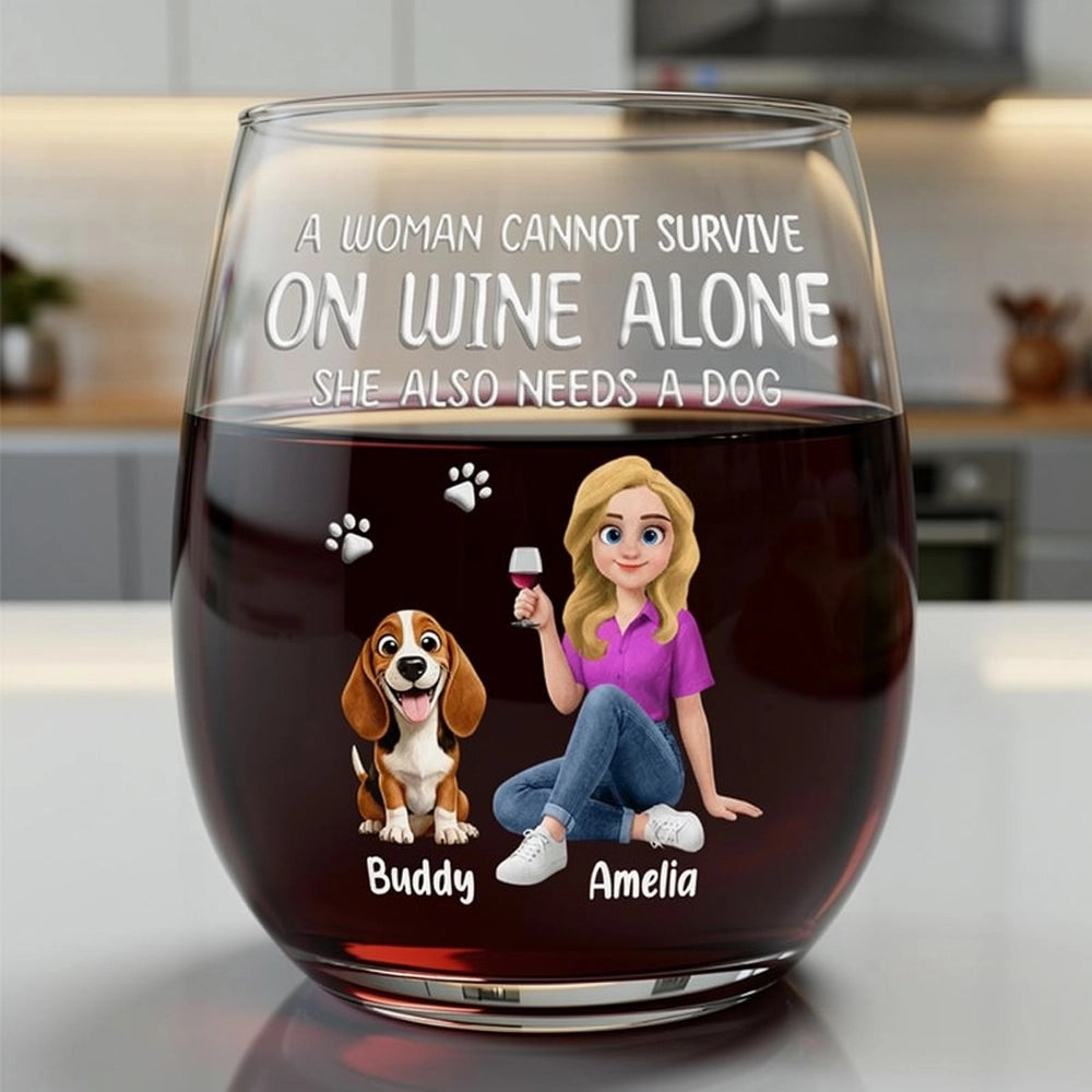 Personalized Wine Glass with Woman and Dog Cartoon - Funny Dog Mom Gift for Wine Nights