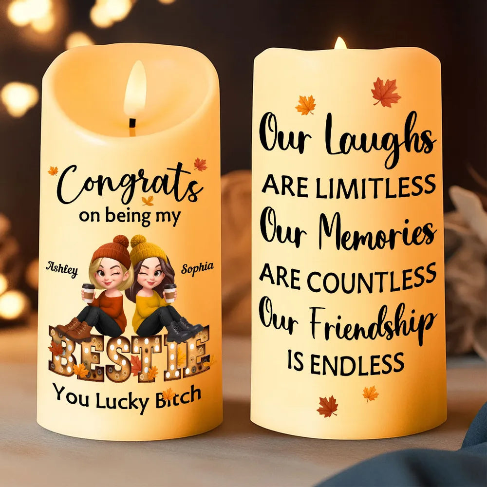 Flameless LED Candle with Besties Design, Cozy Autumn Ambience Light, Gift-Ready Keepsake for Friendship