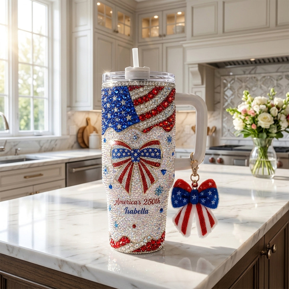 America's 250th Bow - Personalized Independence Day/ 4th of July Rhinestone Tumbler With Plush Charm