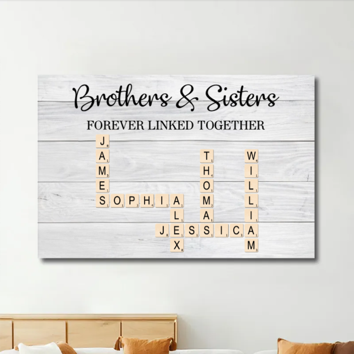 Brothers & Sisters Forever Linked Together Crossword Puzzle Art Personalized Poster or Plaque or Keychain or Orament or Cup, Gift For Siblings, Family, Brother