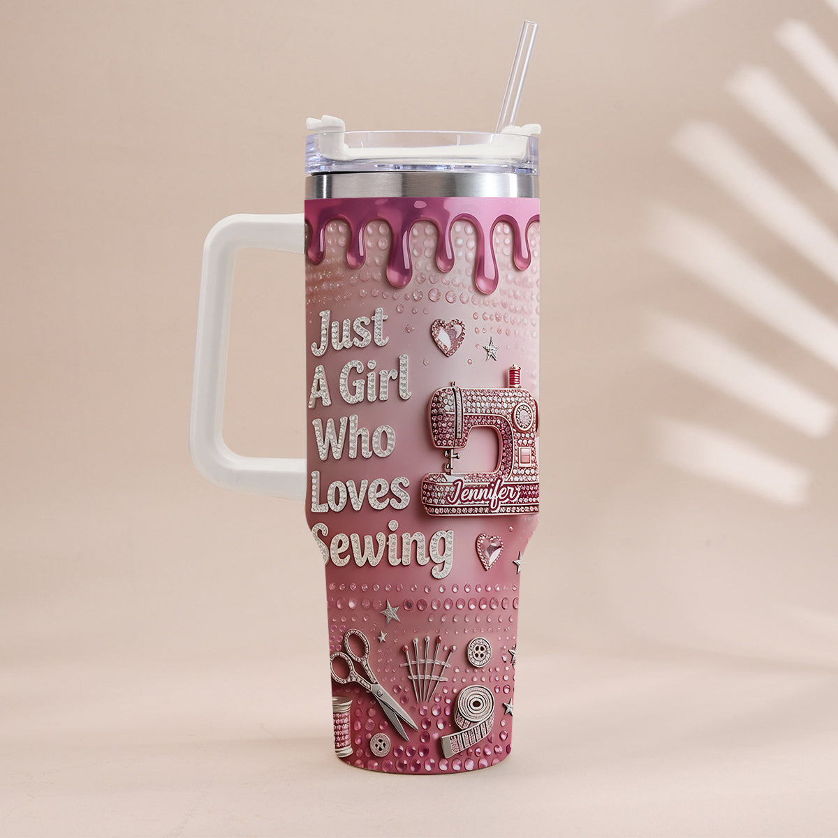 Just A Girl Who Loves Sewing - Personalized Sewing Tumbler With Handle