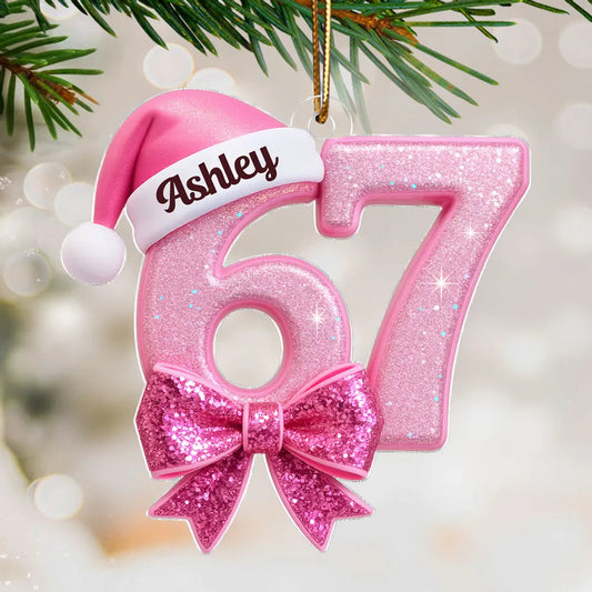 Custom Acrylic Ornament in Pink Glitter Number Style, Festive Santa Hat & Big Bow, Sweet Holiday Keepsake Gift for Grandkids
