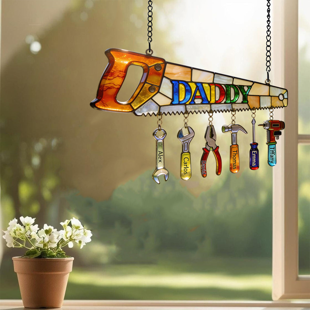 Best Dad Ever - Personalized Father Window Hanging Suncatcher With Custom Charms