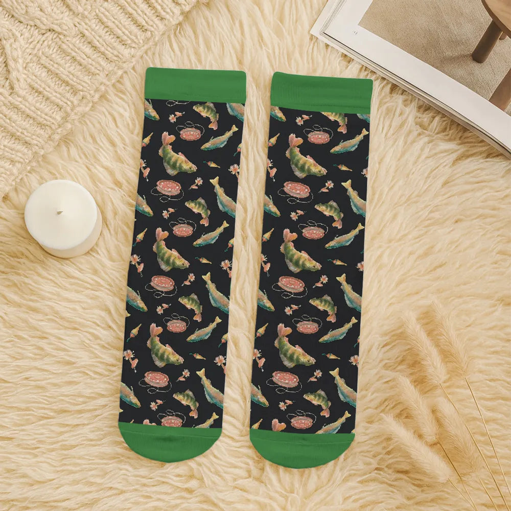 Personalized Fishing Crew Socks with Custom Name, Lucky Fisherman Gift, Funny Vibrant Fish Design