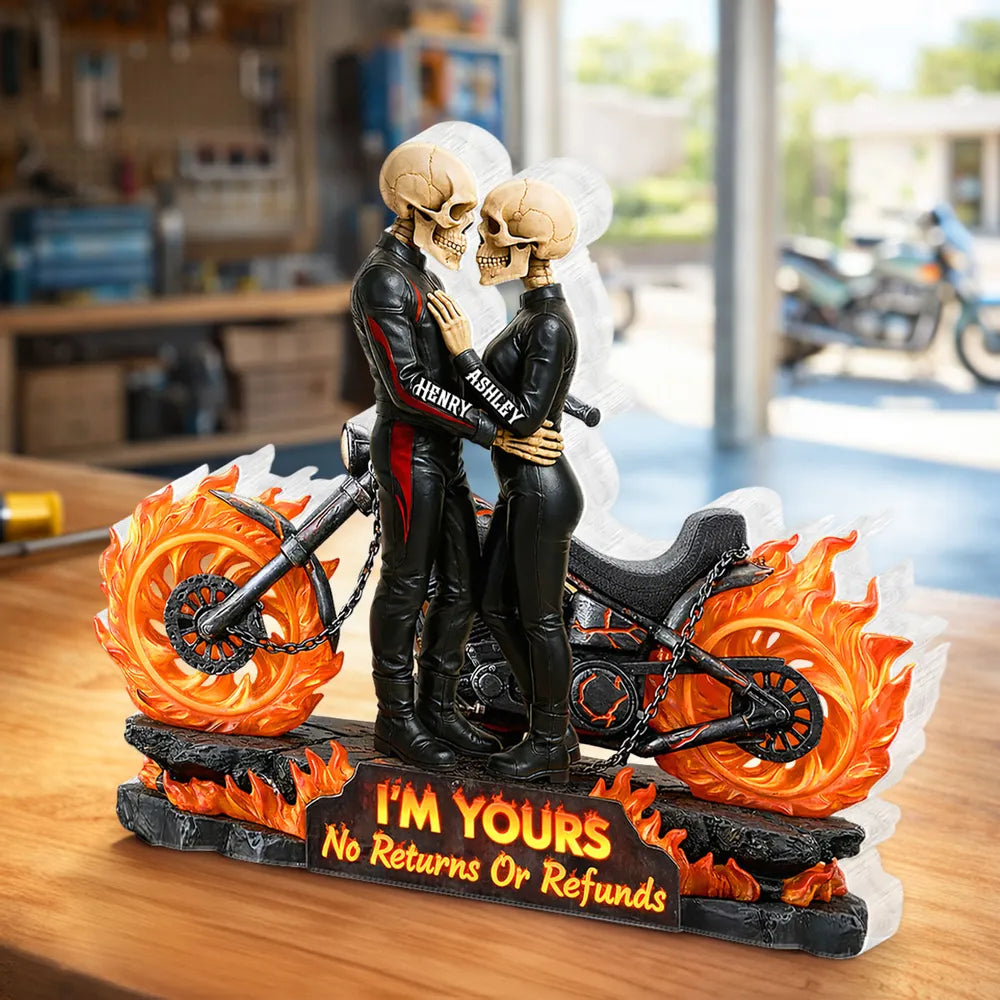 Personalized Shaped Acrylic Block Plaque Skeleton Biker Couple Hugging on Flame Motorcycle, Funny Romantic Gift for Couple