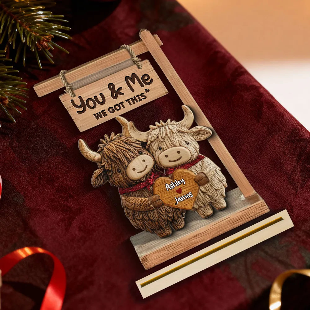 You & Me We Got This 2-Layer Wooden Plaque, Personalized Heart Name Sign with Adorable Cows, Unique Romantic Gift for Couples