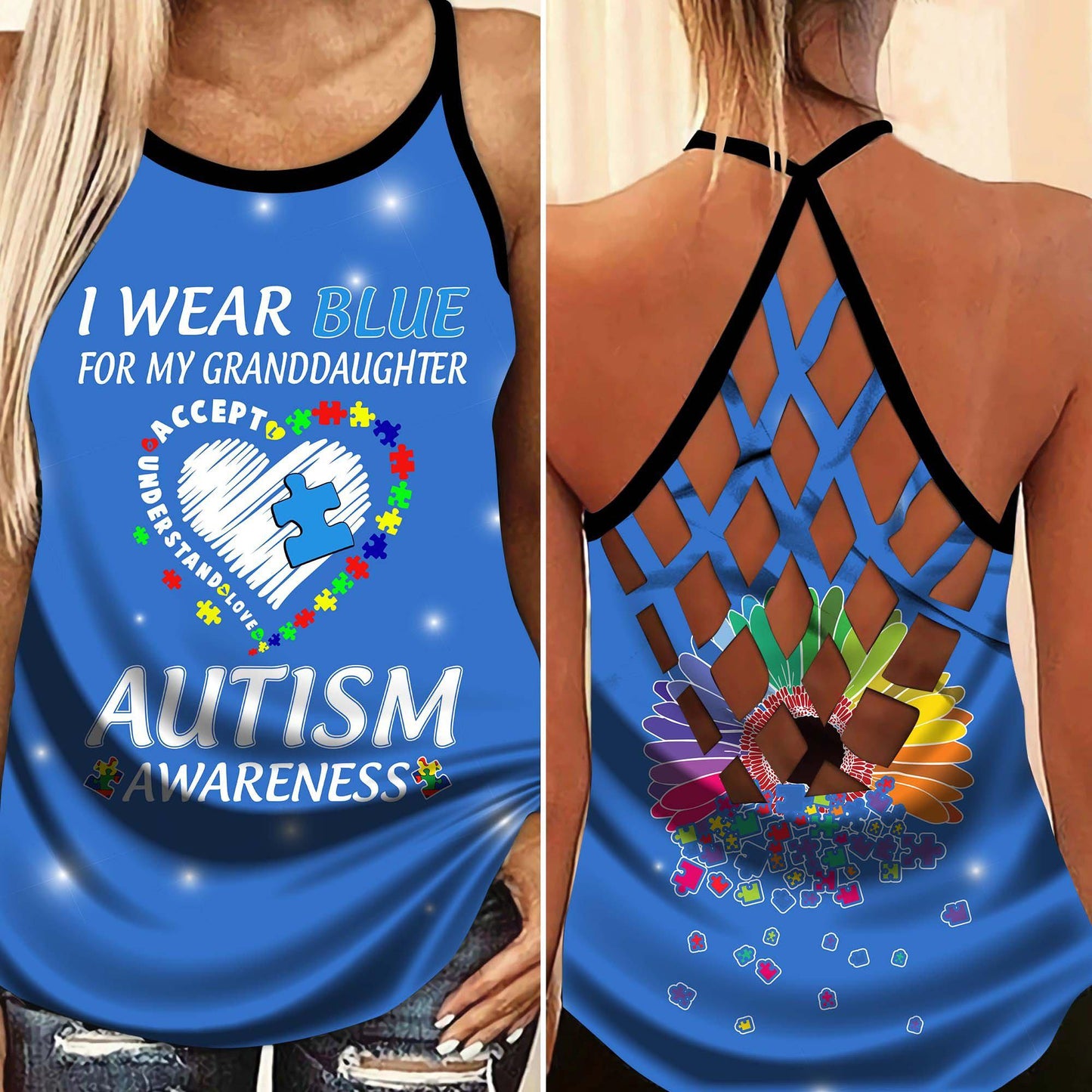 Autism I Wear Blue For Family - Autism Awareness Cross Tank Top 0921