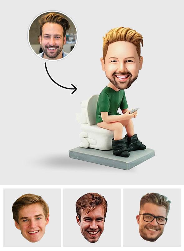 Custom From Photo - Personalized Man Sitting Toilet With Phone Bobblehead