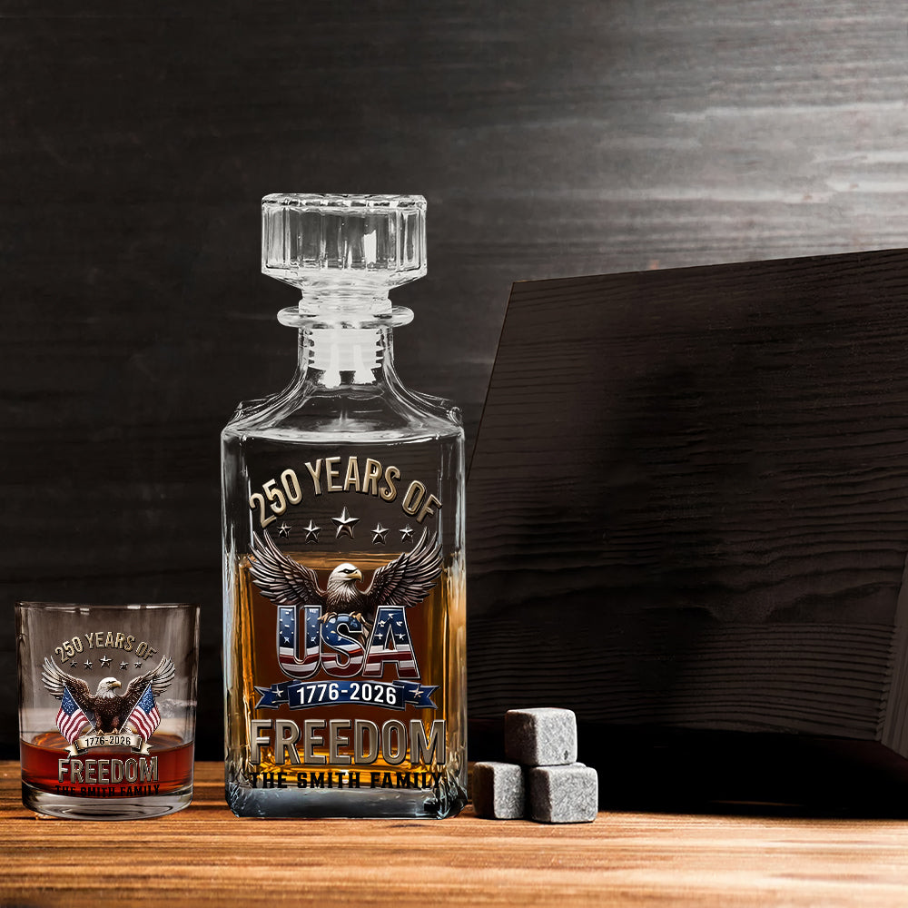 America 250th Anniversary Gifts For Family - Personalized Independence Day/ 4th of July Whiskey Decanter Set
