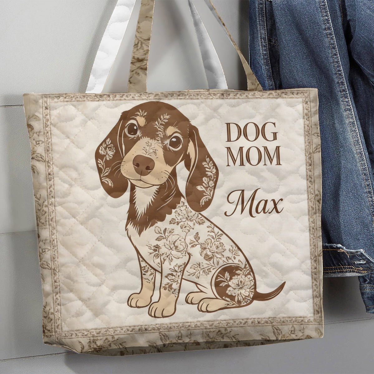 I Love My Dog - Toile De Jouy Style - Personalized Dog Quilted Tote Bag