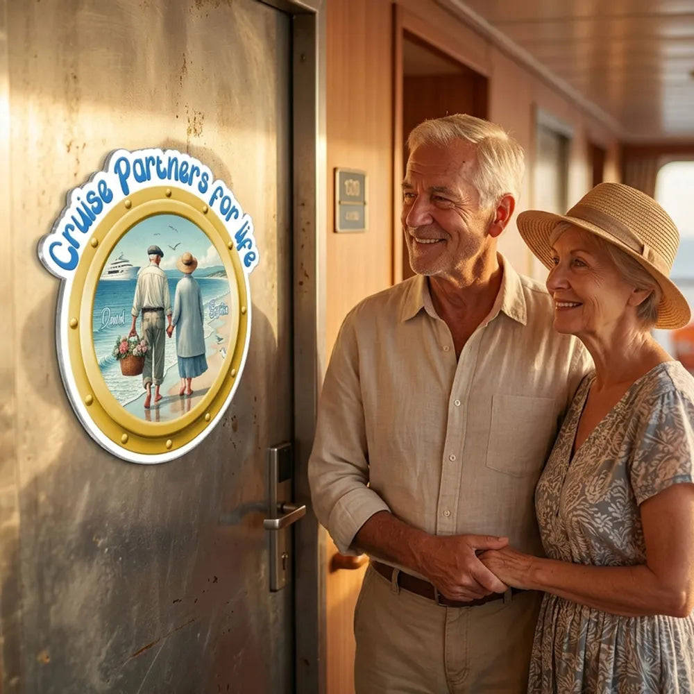 Personalized Acrylic Magnet Cruise Partners for Life, Couple Holding Hands Beach Scene, Unique Cruise Door Gift