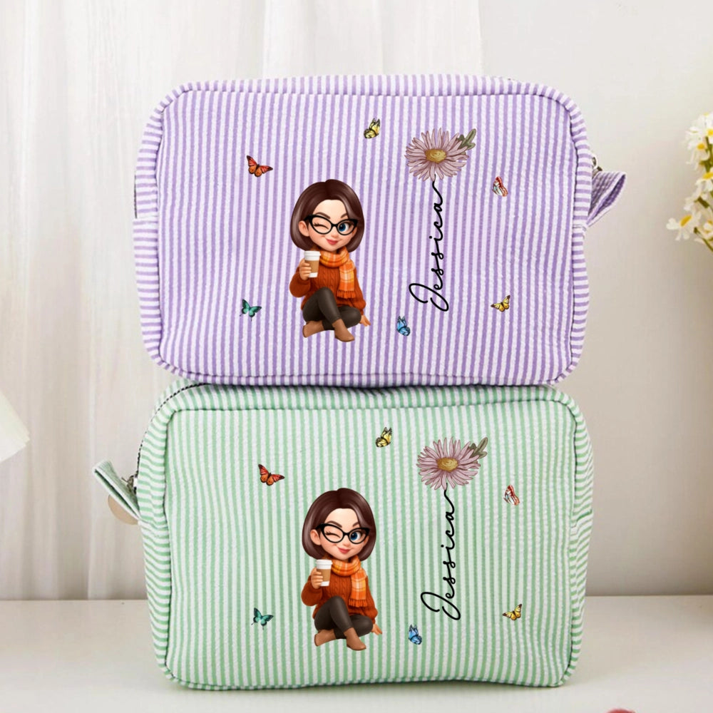 Stripes Makeup Bag with Cartoon Character Design, Portable Storage, Perfect Gift for Women