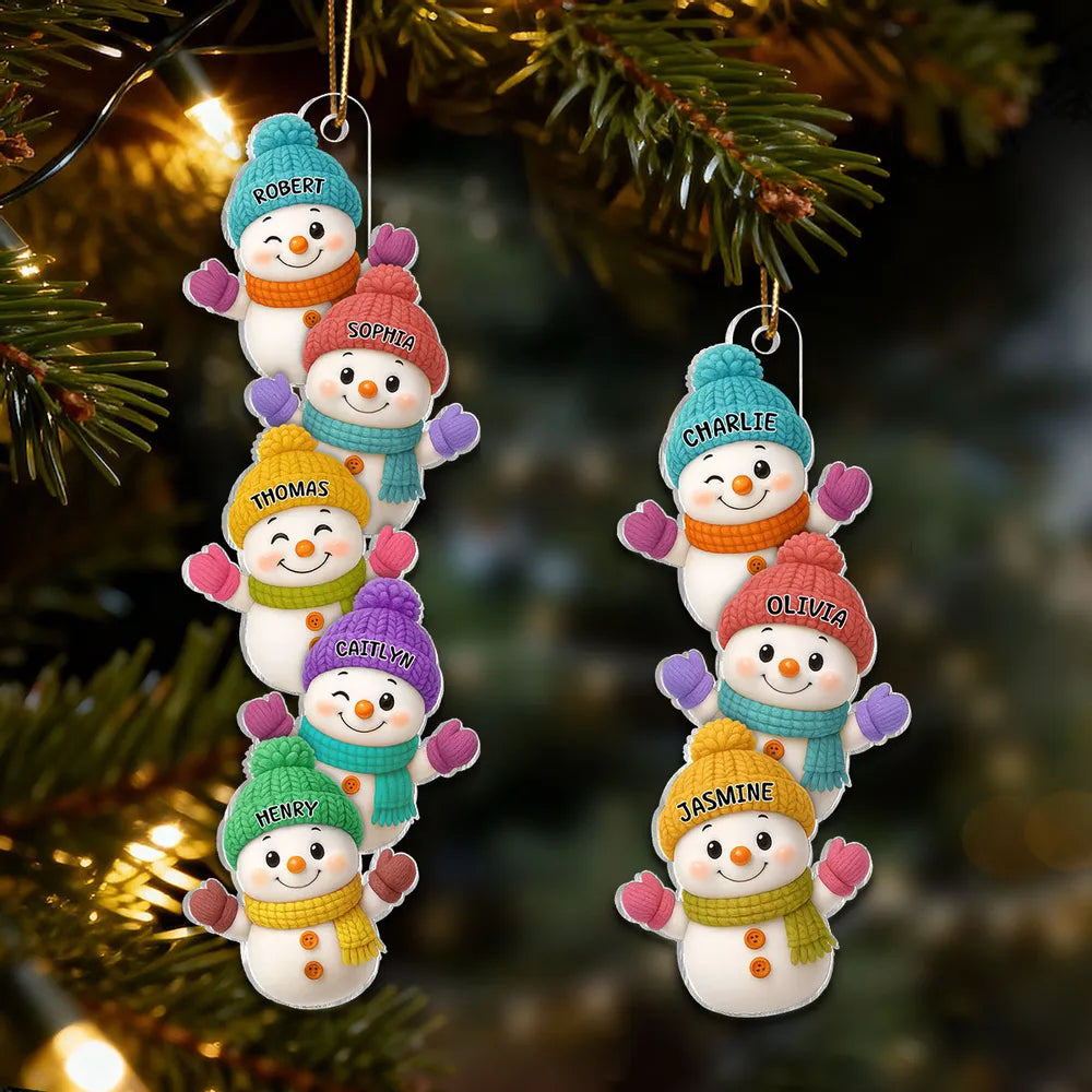 Personalized Acrylic Ornament with Stacked Snowmen Characters, Cute Family Christmas Decor, Unique Holiday Tree Gift
