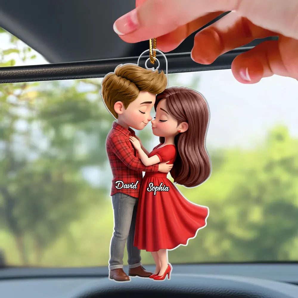Personalized Couple Hugging Acrylic Car Hanger Rearview Mirror Decor, Cute Cartoon Style, Unique Romantic Gift for Him or Her