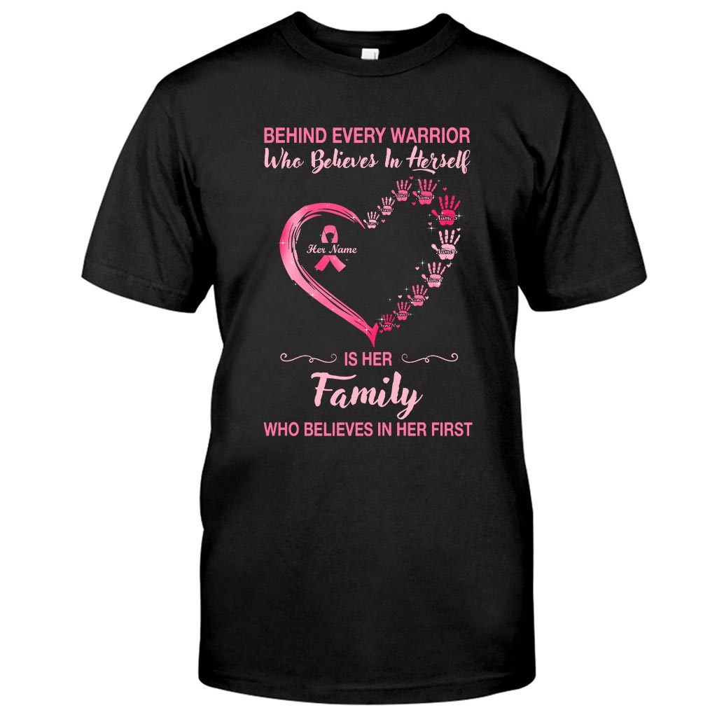 Behind Every Warrior Pink Heart Hand Prints - Breast Cancer Awareness Personalized T-shirt And Hoodie