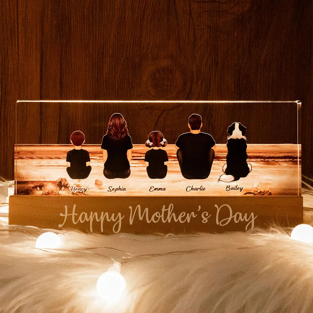 Family Sitting Back View Retro Vintage Beach Landscape Block LED Light Plaque, Mother's Day Gift Featuring Children and Pets