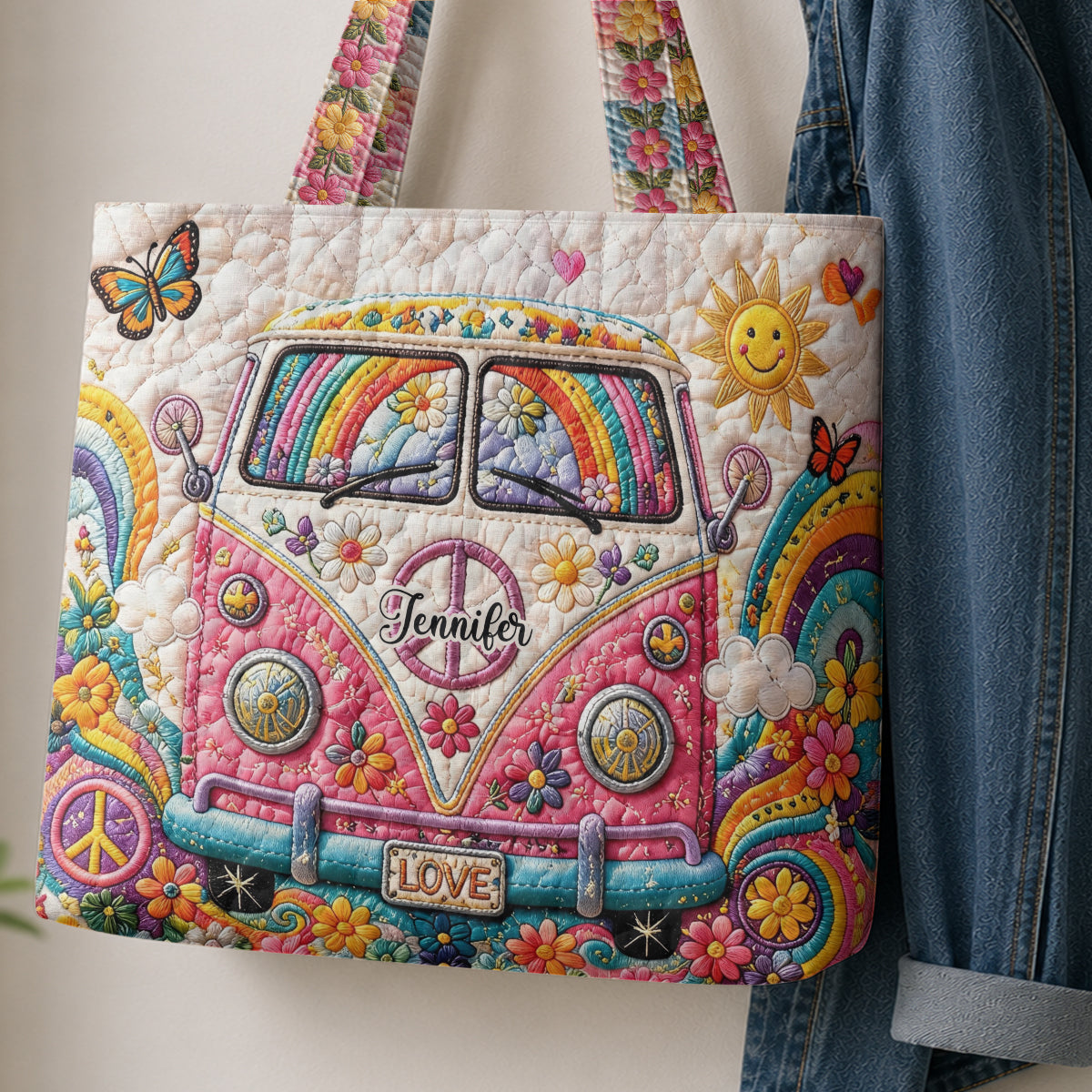 Hippie Soul Set Bag With Charm - Personalized Hippie Quilted Tote Bag With Plush Charm