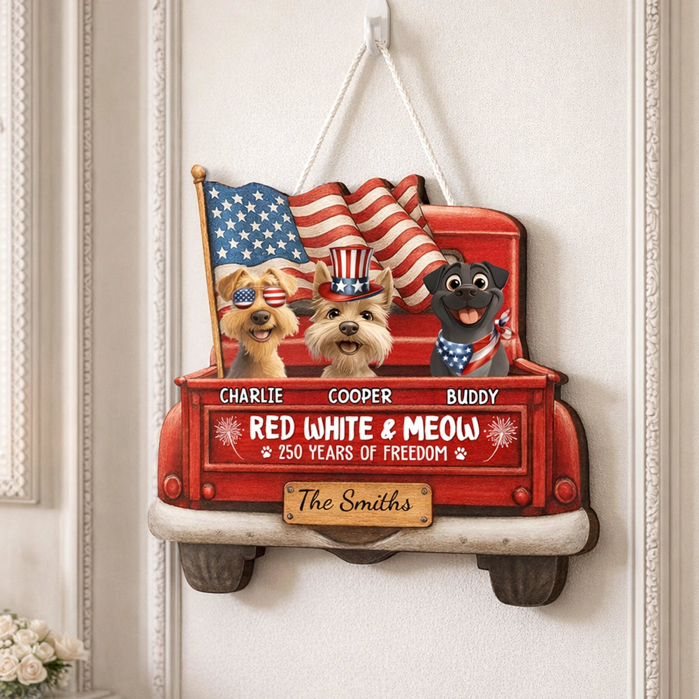 Personalized Patriotic Dog Wooden Sign, Red Truck With American Flags, Cute Funny Kitchen Decor, Unique Gift For Dog Lovers