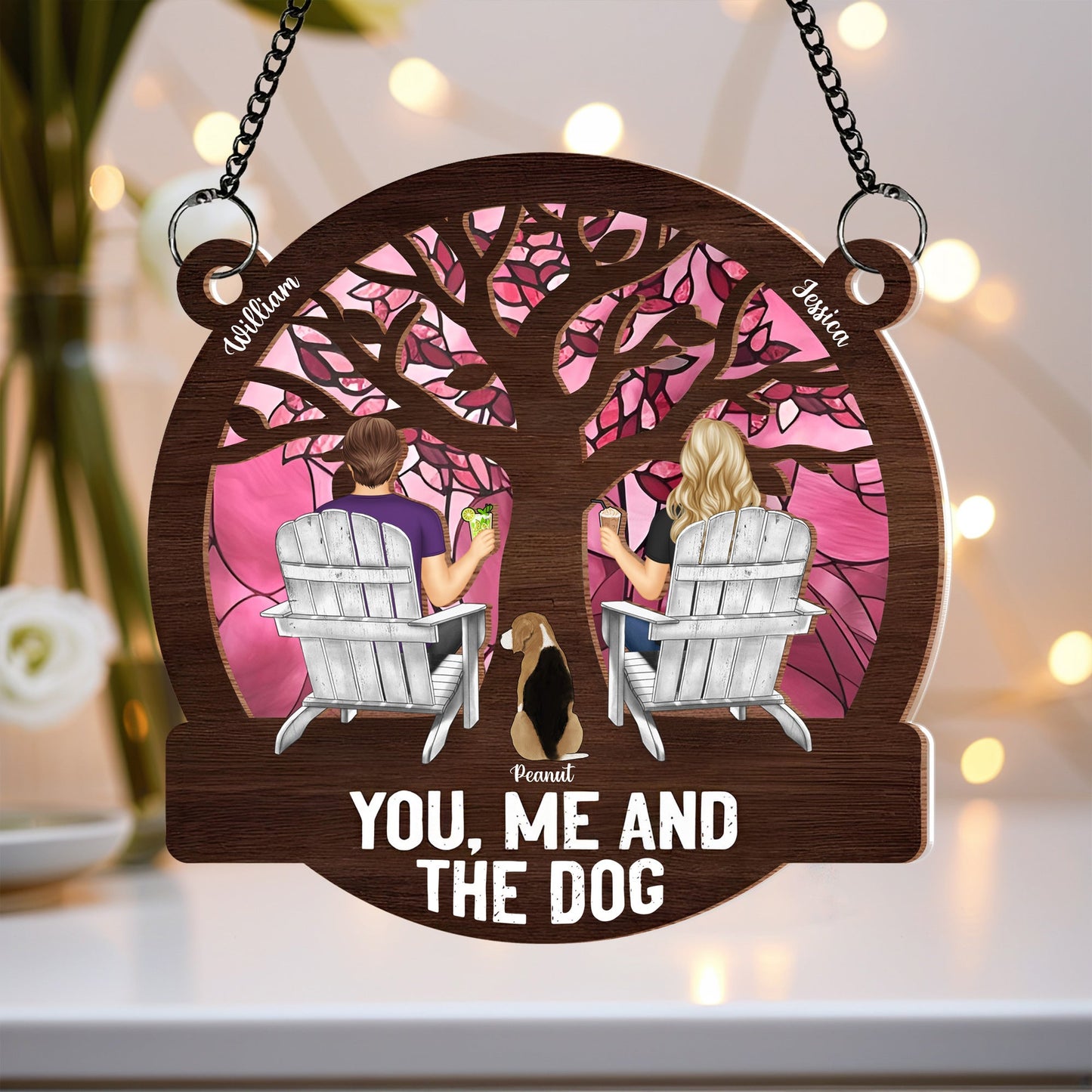 "Raising a Toast Through the Seasons - Custom Couple & Dog Ornament, A Heartwarming Gift for Wife or Husband"