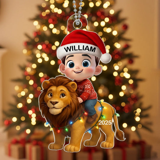 Christmas Acrylic Ornament with Cute Child Riding Lion, Festive Illustration, Perfect Gift for Kids