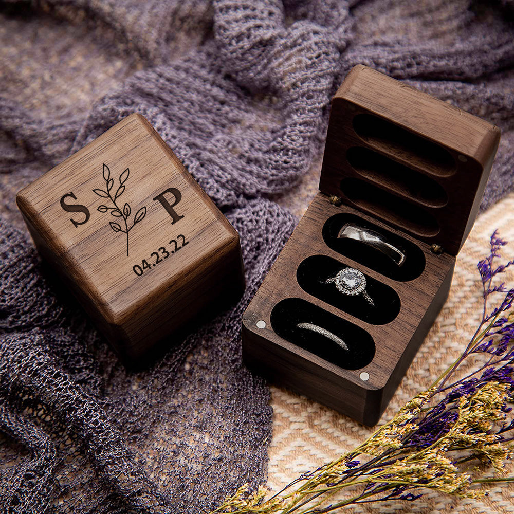 Custom Engraved Text - Personalized Triple Slot Wooden Ring Box