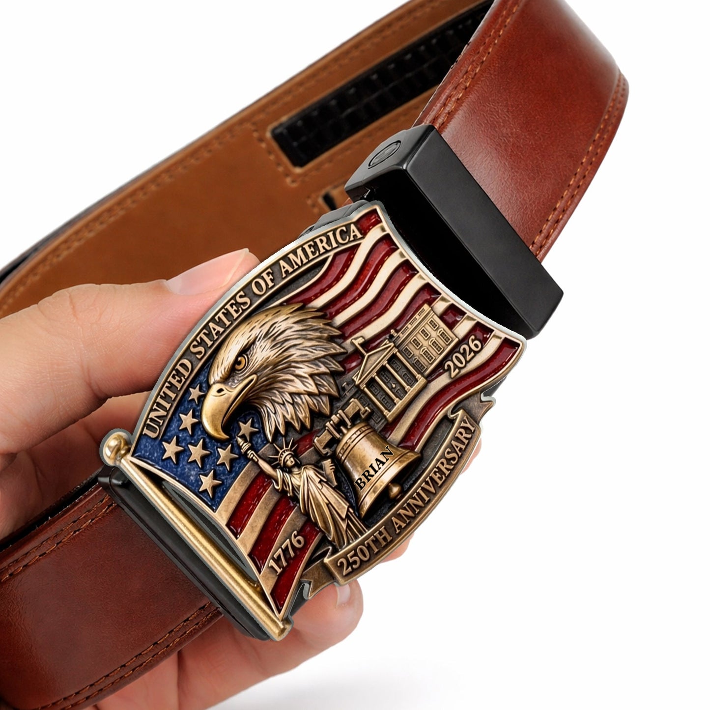 250th Anniversary Of United States - Personalized Patriot Leather Belt With Shaped Buckle
